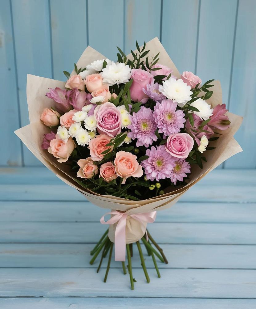 Букет цветов из: Хризантемы, Розы и Альстромерии в Быково Волгоградской области