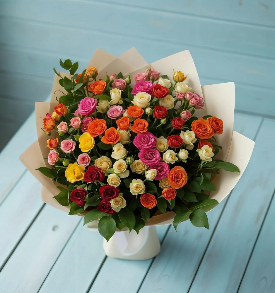 Букет Микс из разноцветных кустовых роз в Быково Волгоградской области