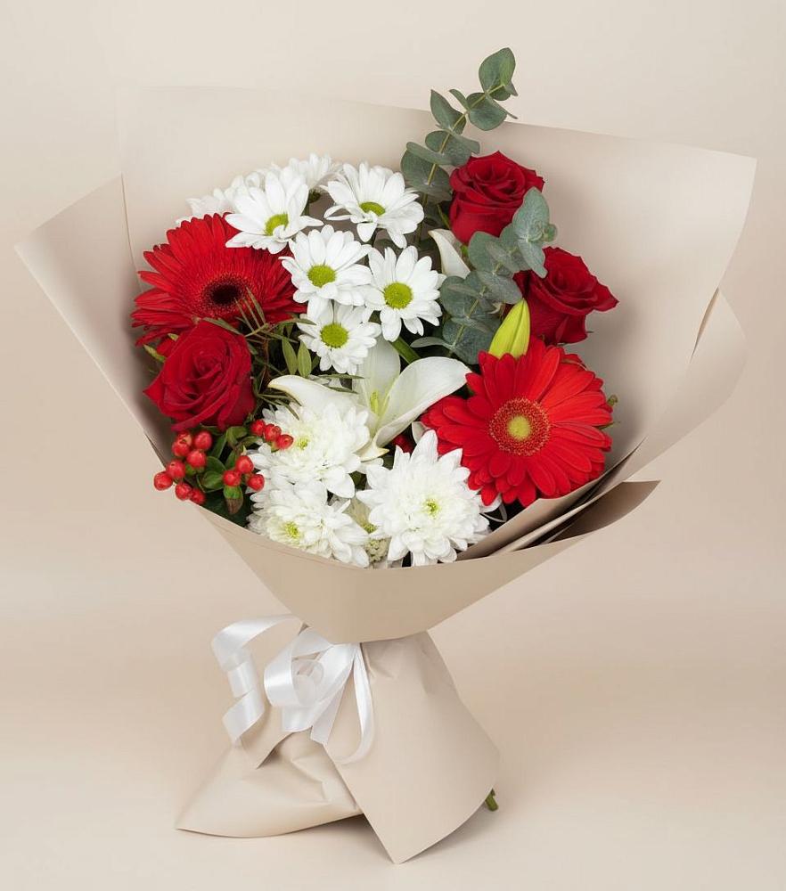 Букет цветов из: Розы, Хризантемы, Герберы и Лилии в Быково Волгоградской области