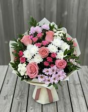 Букет цветов из:  Альстромерии, Гвоздики, Розы и Хризантемы в Быково Волгоградской области