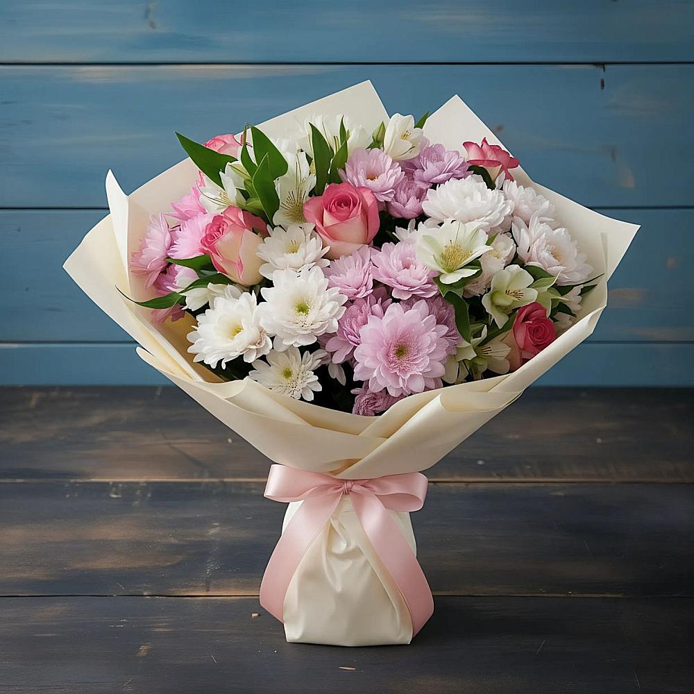 Букет цветов из: Хризантемы, Альстромерии и Розы в Быково Волгоградской области